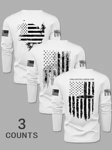 Men's Long Sleeve Round Neck T-Shirts, Flag Print, Comfortable Casual Wear, Streetwear, Fashion Design, Perfect for Daily Use & Outdoor Activities, Fitted
