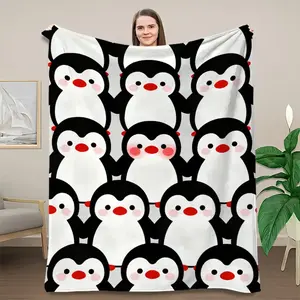 1pcCute cartoon penguinPrint Flannel Throw Blanket - Soft, Warm & Cozy for Couch, Bed, Office, and Travel - Versatile All-Season Gift, Christmas present