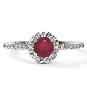 Classic Round Ruby Halo Ring with Prong Set Diamonds (0.93cttw)- RRB001-5X5-A
