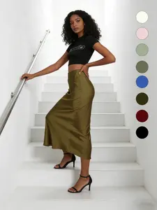 Women's Solid Color Satin Skirt Elegant Fashion Skirt for Work Office Business Ladies Clothes for All Seasons Chic Bottom Womenswear Elegance Top Gamis Palda Basic Minimalist