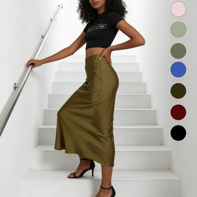 Women's Solid Color Satin Skirt Elegant Fashion Skirt for Work Office Business Ladies Clothes for All Seasons Chic Bottom Womenswear Elegance Top Gamis Palda Basic Minimalist
