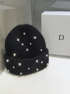 1 solid color imitation rabbit hair and rhinestone urine cap, warm, thick, fashionable, multifunctional and cute knitted cap, suitable for both men and women, super soft and comfortable, suitable for use in autumn and winter, Cute Beanie Hat