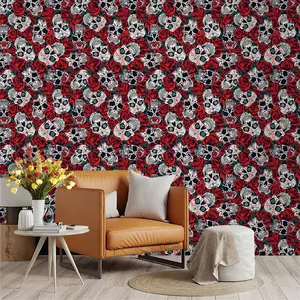 Dark Street Style Skull Wallpaper with Roses, PVC Adhesive Backing, Easy Peel & Stick, Kitchen/living Room/bedroom Decor, Wall Transformation
