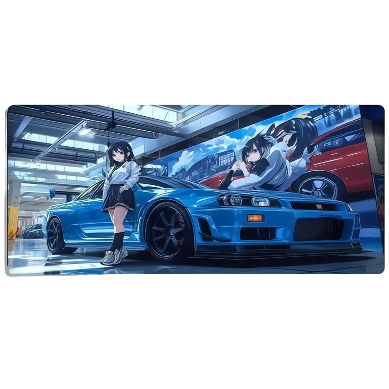 Anime Racing Car Mouse Pad Large Desk Mat, Blue Sports Car and Girl Design Extended Keyboard Pad with Non Slip Rubber Base, Gaming Desk Accessories for PC Computer Laptop Office Workspace Setup Decor, 31×12 Inch