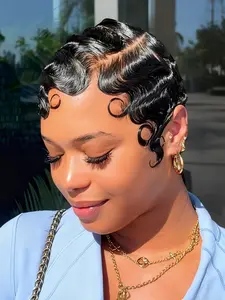 short wavy wig black brown burgundy color daily party use wig 13x4 lace finger wave pixie cut human hair wig for women