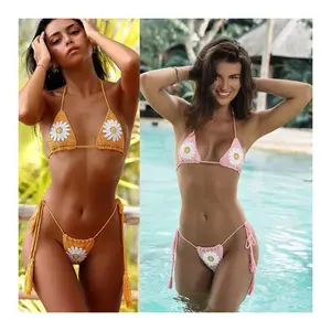 Hand crochet Cottom Thong String Daisy Applique Mini Bikini Swimwear Sunbathing Micro Swimwear