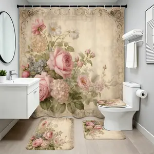 1/3/4pcs Shower Curtain set Pink White and Green Victorian Style Polyester Bathroom Including  Hooks for Home Decoration and Bathroom Decoration Machine Washable and Washable