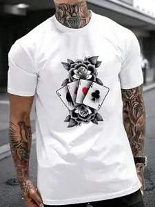 Men's Playing Card & Rose Print Round Neck Tee, Street Fashion Loose Short Sleeve T-shirt For Summer, Casual Menswear For Daily Wear, Casual Streetwear Looks