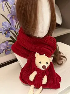 Women's Fitted Knit Scarf, Cute Animal Pattern Design, Fall & Winter Essential Accessory, Warm Neckwear for Daily Wear, Fluffy Soft Scarf