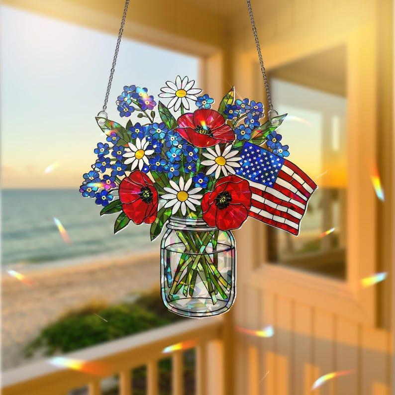 Patriotic Flower Suncatcher, Holographic Acrylic Flag Jar Art, American Flag Window Hanging, USA Sun Catcher, 4th of July Decor, Patriotic Home Decor
