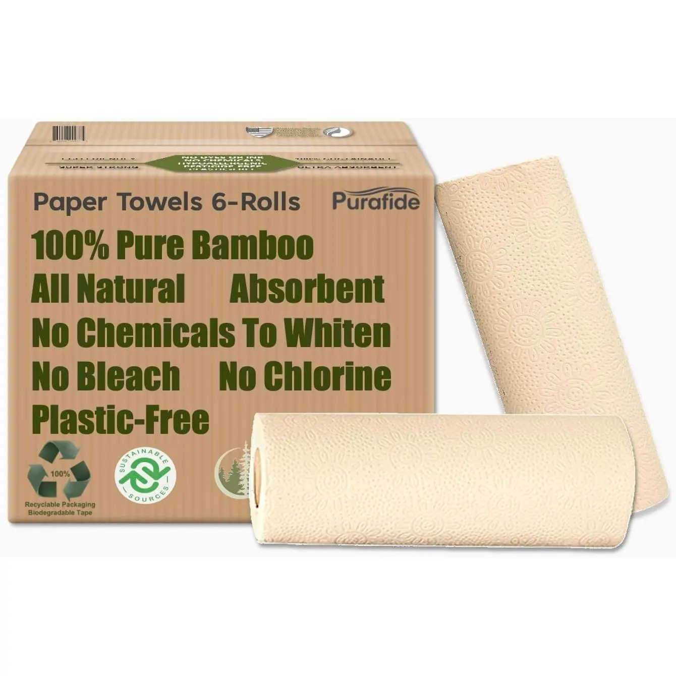 100% Bamboo Paper Towels, Tree-Free, Chemical-Free, Lint-Free, Durable, Absorbent, Select-a-Size 2-Ply, 90 Sheets Per Roll. (PT 6 Rolls)