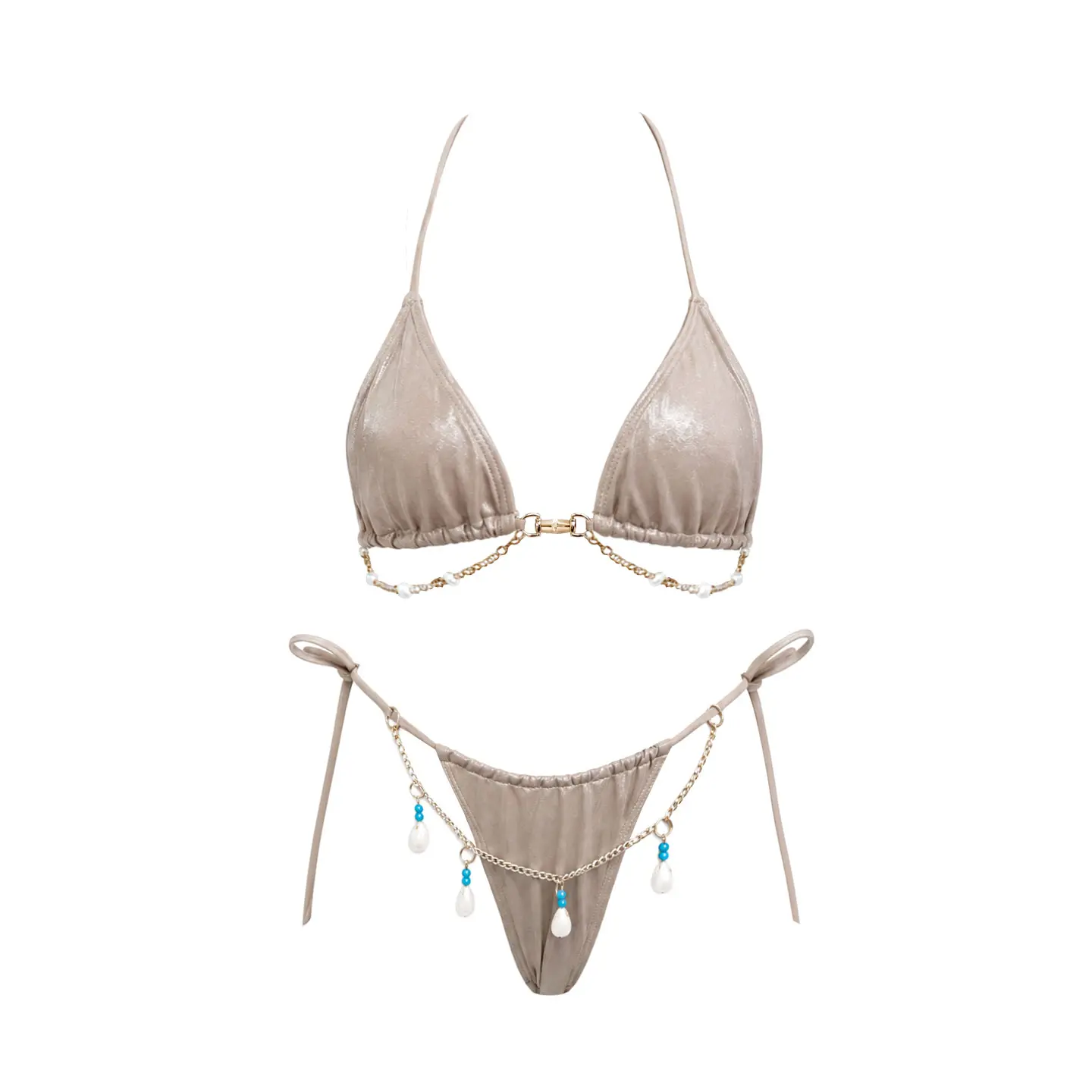 2026 new women’s two-piece swimsuit set featuring a chain-accented push-up bust support design; stylish micro bikini set with fine shimmer tie straps; ideal for holidays, casual beachwear, pool parties, and hot spring wear.