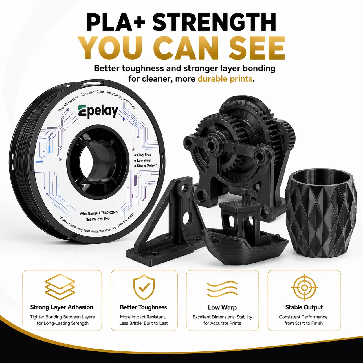 EPELAY PLA+ 3D Printer Filament, 1.75mm-±0.02mm Precision, 1 kg Gray, Smooth Feeding, Clog-Free, Neat Winding, Low-Odor FDM Option, Eco-Friendly, Multiple Colors, Precise Layers, No Batteries, 3D Printing Supplies for DIY Projects EPELAY PLA+ 3D Printer Filament, 1.75mm-±0.02mm Precision, 1 kg Gray, Smooth Feeding, Clog-Free, Neat Winding, Low-Odor FDM Option, Eco-Friendly, Multiple Colors, Precise Layers, No Batteries, 3D Printing Supplies for DIY Projects