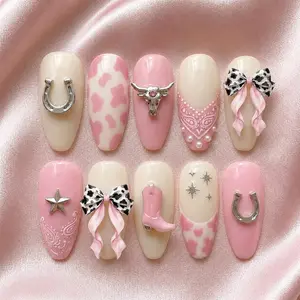 Pink Cowgirl Press On Nails 3D Western Cowboy Boot Coquette Bow Country Girl Y2K