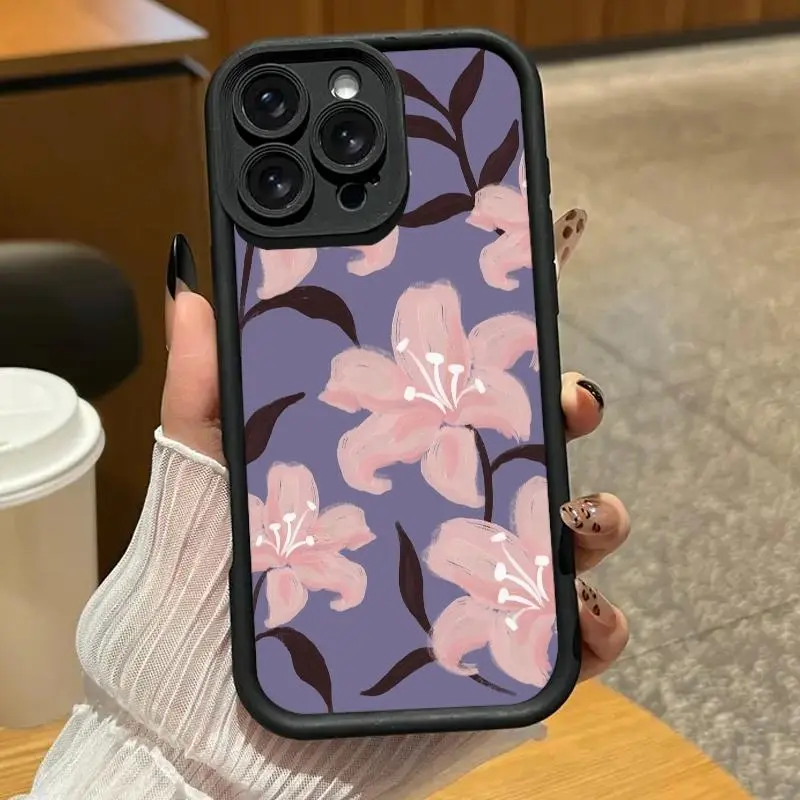 Hand-painted pink lily print phone case. Compatible with iPhone 17 Pro Max/16 Pro Max/15 Plus/14/13/12/11, TPU soft case. Compatible with Galaxy S26 Ultra/S25 Plus/S24/S23, Dopamine color. Compatible with Galaxy A54/A53/A33/A15.