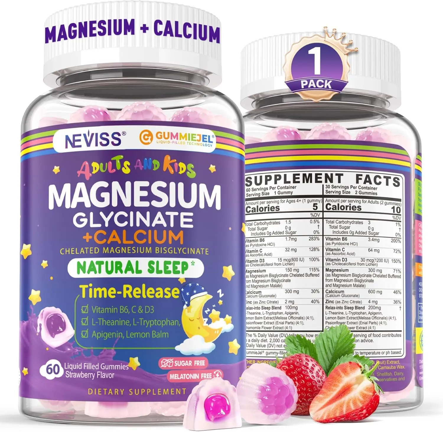 Neviss Magnesium Glycinate + Calcium Filled Gummies for Adults & Kids 4+, Natural Vitamin Dietary Supplement with B6, D3, L-Theanine, Strawberry Flavor, Melatonin-Free, Sugar-Free for Relaxation, Sleep, Brain, Bone & Muscle Health
