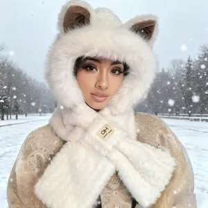 Upgraded Thickened Cute Hooded Scarf Hat Solid Color Winter Plush Neck Warmer with Cartoon Ears for Women Cozy and Stylish