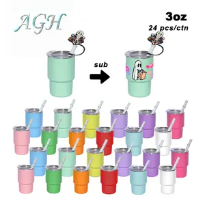 AGH 24pcs 3 oz Mixed Color Sublimation Mini Tumbler Stainless Steel Shot Glass with Straw Topper/cover for DIY GIFT Party Decor