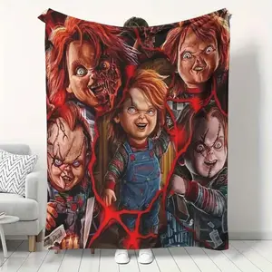 Chucky Inspired Horror Movie Print Flannel Throw Blanket Scary Doll Graphic Soft Comfy Polyester Plush Blanket Christmas Decorative Sofa Blanket for Home Bed Couch Camping Halloween Birthday Gift