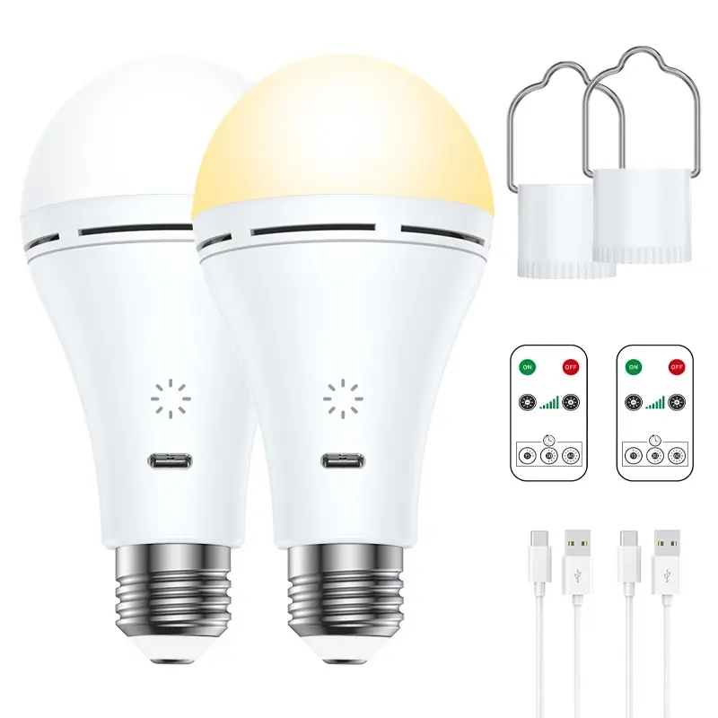 USB Rechargeable LED Light Bulbs, E27 9W Dimmable Timer Remote Control,3 Color Temperature Dimmable Light with Hook,2000mAh Battery Powered Touch Control Bulb for Chicken Coop Camping Hiking Hurricane Power Outage