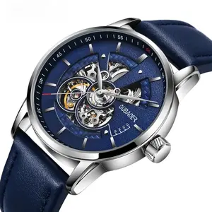 42mm Men's Fashion Casual Automatic Mechanical Watch Skeleton Large Dial Genuine Leather Strap Wristwatch