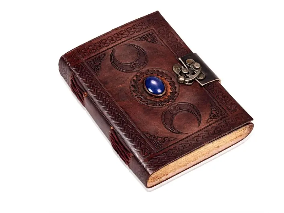 Vintage Leather Journal Embossed 3 Moon Blue Lapis 128 Pages Antique Handmade Deckle Edge Paper Writing Notebook 5x7