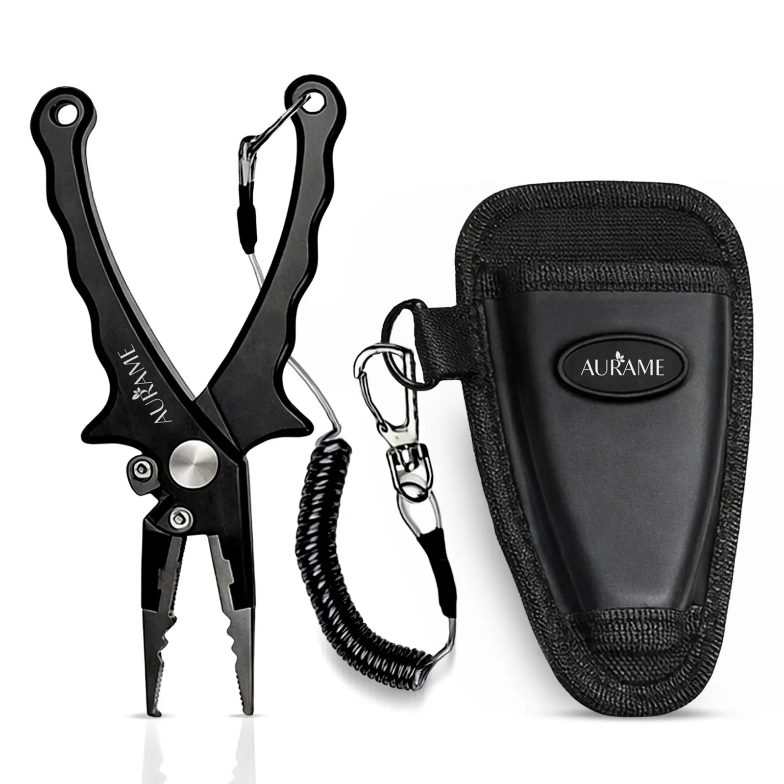 6.7 in Aluminum Alloy Fishing Pliers, Ergonomic Saltwater Resistant Tool for Hook Removal and Line Cutting with Coiled Safety Lanyard and Holster, Black Fishing Accessories