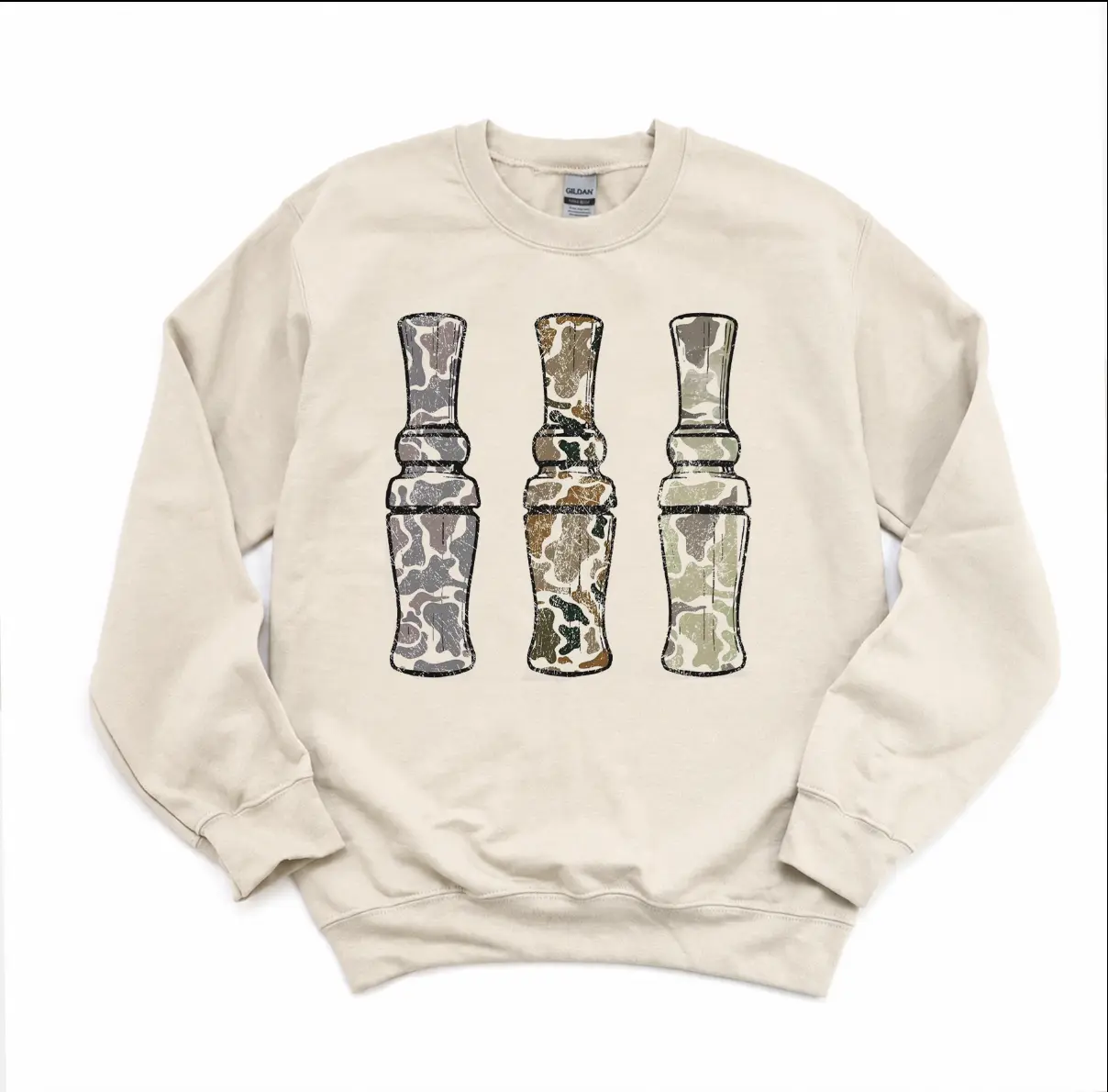 Retro Camo Duck Calls Unisex Crewneck Sweatshirt, Duck Camo Hunting Sweater, Duck Hunt Casual Wear Top Love Printed