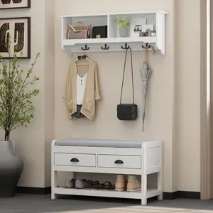 FUFU&GAGA Hall Tree with Separate Shoe Bench & Coat Rack Set, 3-in-1 Entryway Storage Bench with Drawers, Cushion & Shelves, Hall Tree with 4 Hooks for Hallway Furniture Hanging