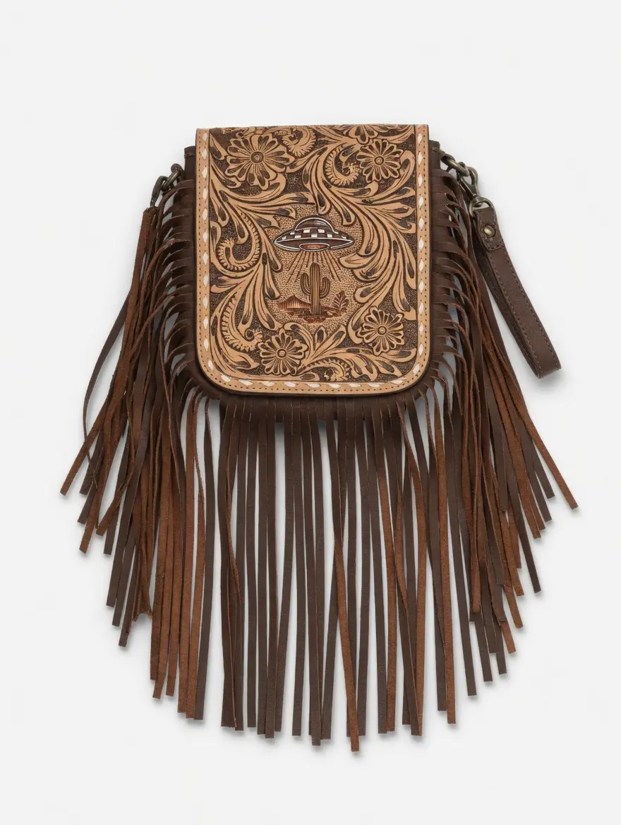 TOOLED LEATHER ALIEN ABDUCTION FRINGE CROSSBODY - ONE OF ONE