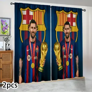 Semi-blackout curtains featuring Messi holding a trophy on a Barcelona jersey, perfect for bedrooms, living rooms, kitchens, hotels, gazebos, celebrity-themed decorations, fan celebrations, holiday gifts, and birthday presents.
