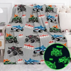 Glow-in-the-Dark Truck Shark Blanket - Grey Construction-Themed Throw, Featuring Excavator, Tractor, Car Designs, Boys' Room Decor, Boys' Birthday & Christmas Gifts