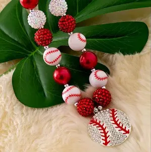 Baseball Bubble Necklace - Red and White Bead Design with Baseball Motif Charm