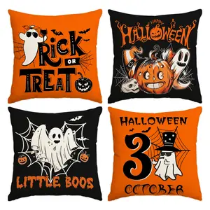 4pcs Halloween Happy Pillow Cover, Horror Ghost Pumpkin Party Decoration Pillowcase, Spider Web Bat Single sided Printed Pillow Cover, Suitable for Bedroom, Living Room, Sofa, Bed, Car Decoration Pillow Cover, Halloween Decoration (No Pillow Core)