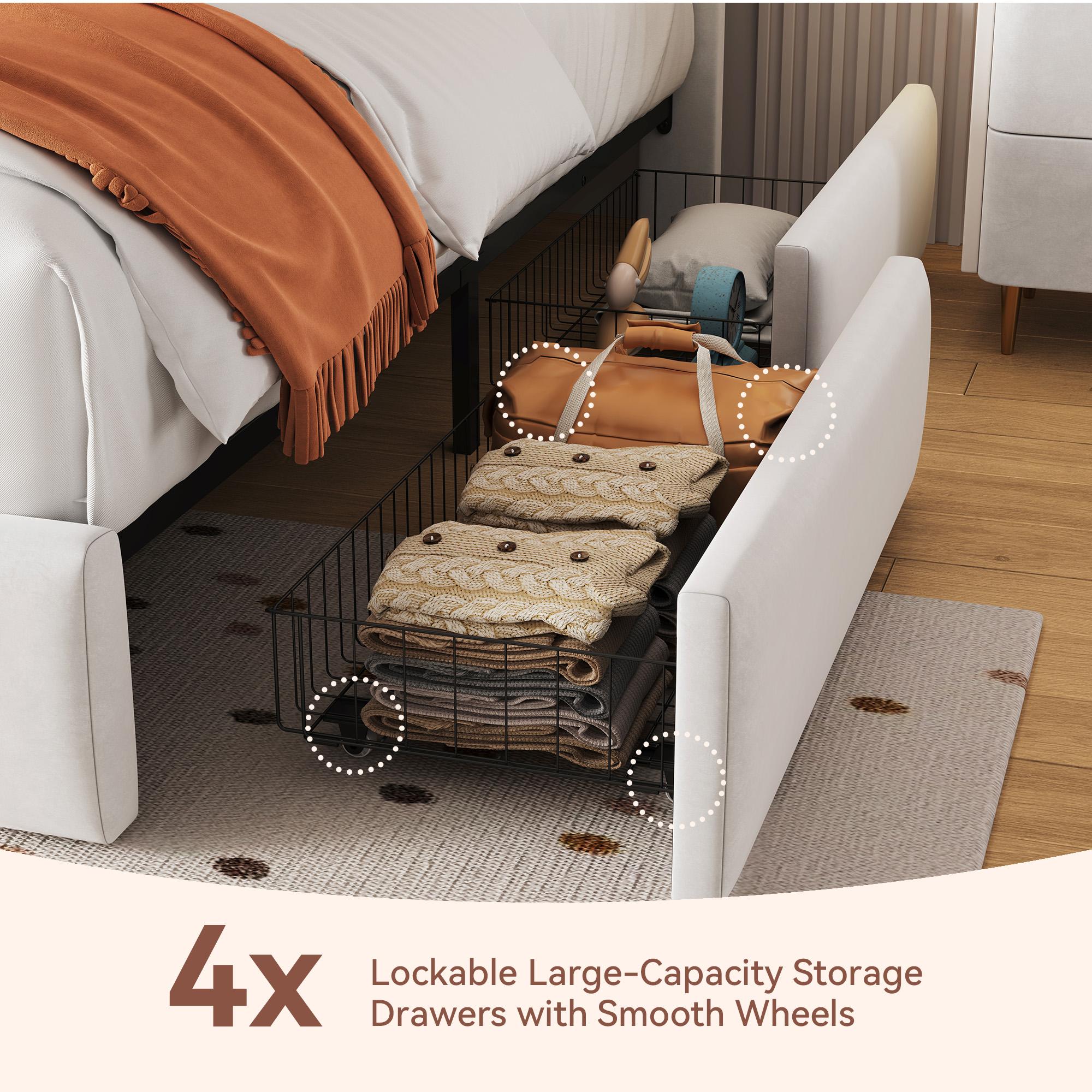 Queen Bed Frame with Headboard and LED Lights, 4-Drawer Storage, ,Charging Station, No Noise, Upholstered Fabric Platform Bed, No Box Spring Needed (Beige, Queen (U.S. Standard))