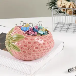 Ceramic Paper Clip Holder, Strawberry-Shaped Binder Clip Box Cute Office Decor Supplies for Desk Organizer (Strawberry Pink)