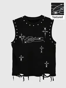 Men's Round Neck Sleeveless Casual Hip Hop Tank Top, Wide Shoulder Rivet Design, Ripped Hem, Comfortable for Spring Summer