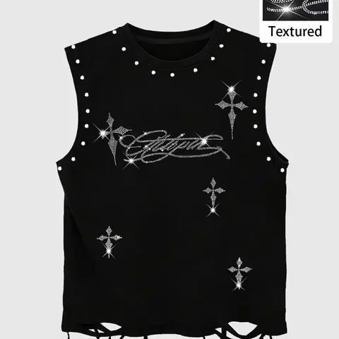 Men's Hip Hop Streetwear Fashion Style Round Neck Sleeveless Graphic Tank Top, Rivet & Rhinestone Embellished, Ripped Hem Design, Casual Comfortable Baggy Top for Summer