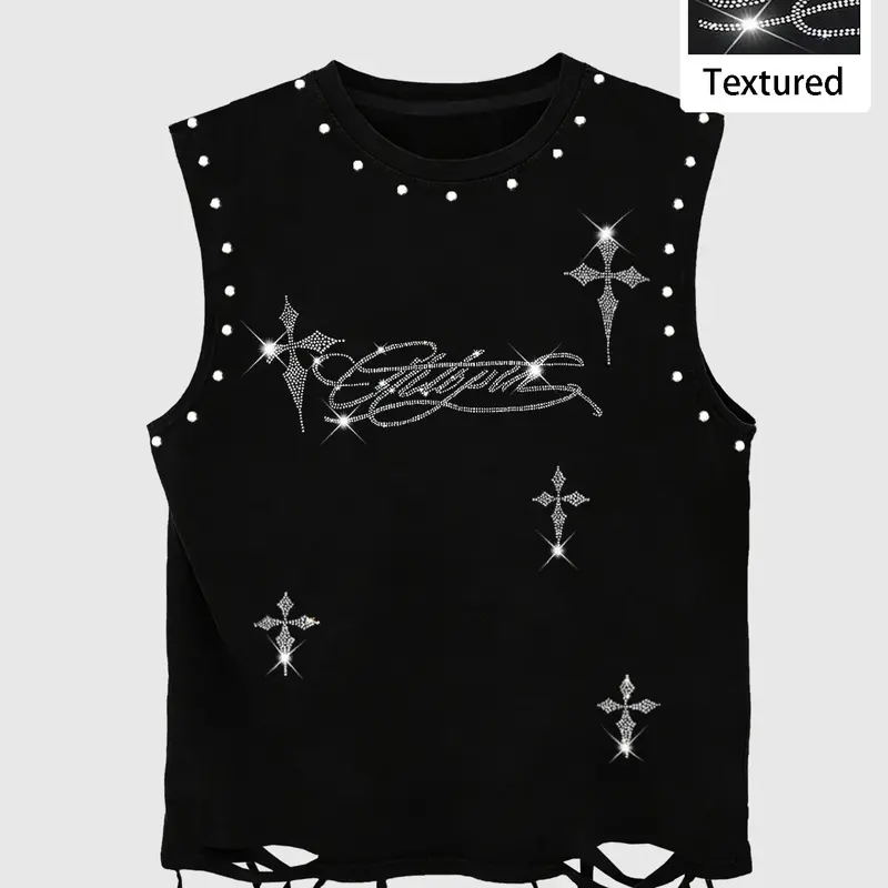 Men's Hip Hop Streetwear Fashion Style Round Neck Sleeveless Graphic Tank Top, Rivet & Rhinestone Embellished, Ripped Hem Design, Casual Comfortable Baggy Top for Summer