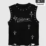 Men's Hip Hop Streetwear Fashion Style Round Neck Sleeveless Graphic Tank Top, Rivet & Rhinestone Embellished, Ripped Hem Design, Casual Comfortable Baggy Top for Summer
