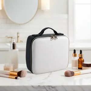 Nylon Cosmetic Train Case Organizer - pu leather Accents, Adjustable Dividers, Spacious Compartments, Handle - Functional Bag for Women’s Jewelry, Digital Accessories