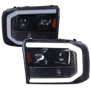 1999-2004 F-250/F-350/F-450/F-550 /2000-2004 Excursion LED Bar Projector Headlights (Glossy Black Housing/Light Smoke Lens)