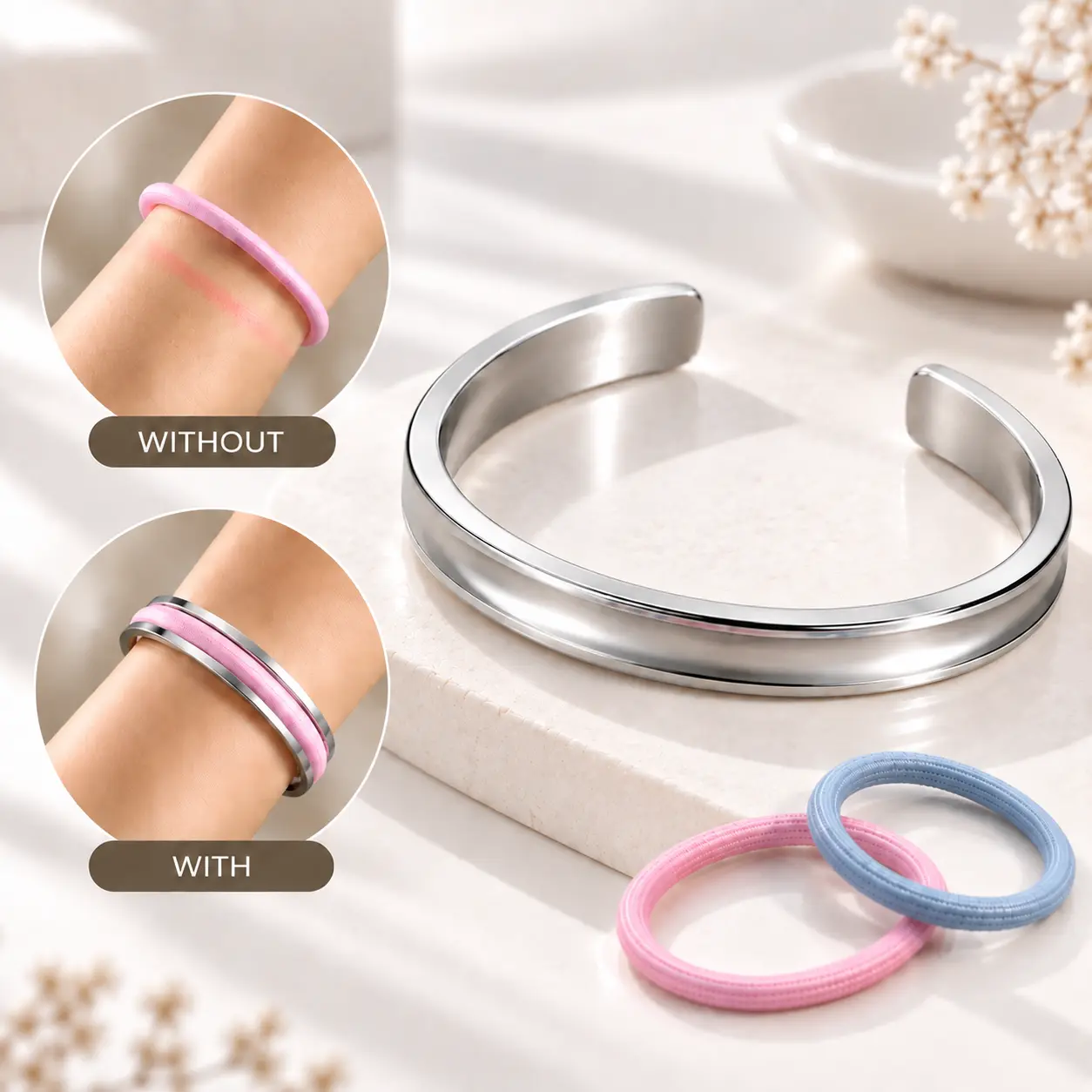 Zuo Bao Hair Tie Bracelet High Polishing Stainless Steel Grooved Cuff Bangle for Women