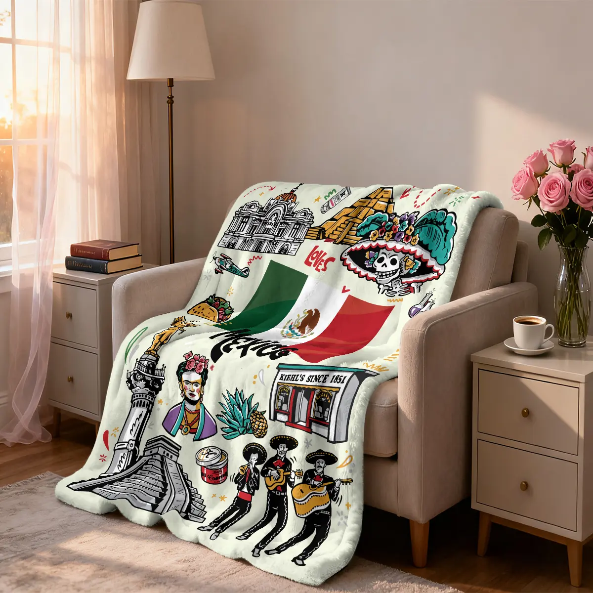 1 Mexican style and cultural theme blanket, Cozy Chic Blanket, Mexican flag Frida portrait, Mayan pyramid Mariachi band, characteristic architectural elements, flannel throw blanket is cozy, suitable for many occasions such as bedroom sofa camping