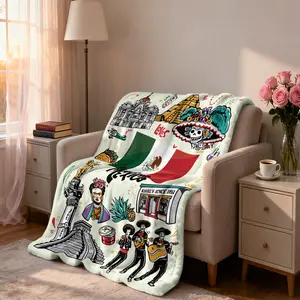 1 Mexican style and cultural theme blanket, Mexican flag Frida portrait, Mayan pyramid Mariachi band, characteristic architectural and food elements, flannel blanket is comfortable and warm, suitable for many occasions such as bedroom sofa camping