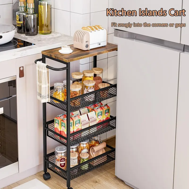 LINZINAR 4-Tier Slim Storage Utility Cart - Space-Saving Home Organiser with Handle, Metal Frame, MDF Board Top, Adjustable Metal Racks, Mesh Baskets, Lockable Rolling Wheels, Rust-Resistant for Kitchen, Bathroom