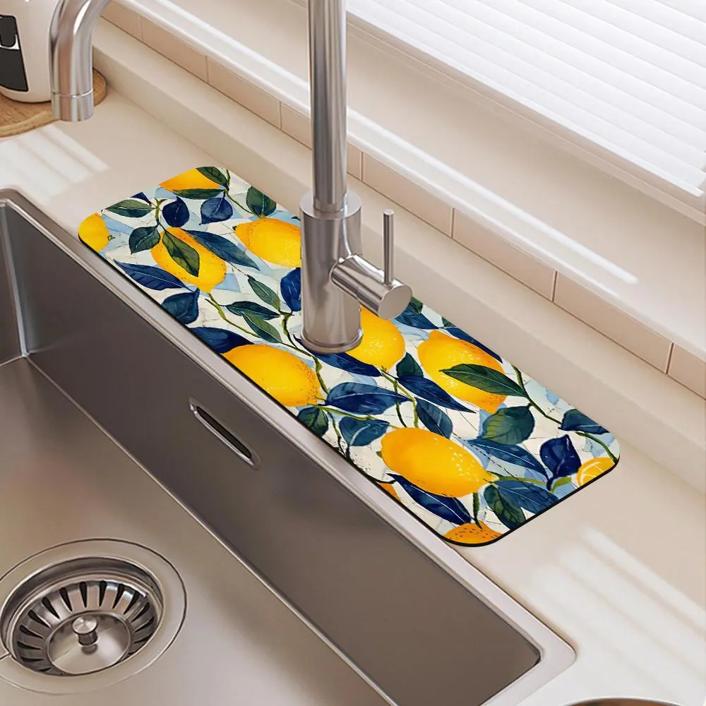 Lemon Pattern Faucet Mat, 1 Count Waterproof Durable Rubber Splash Guard, Non-slip Kitchen Sink Mat, Home Supplies, Household Items, Splash Pad