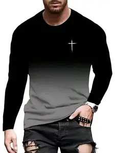 Men's Gradient Long Sleeve T-Shirt, Fashion Cross Graphic Print, Casual Street Style Streetwear, Slim Fit Fitted, Round Neck, All Seasons Wear, Top