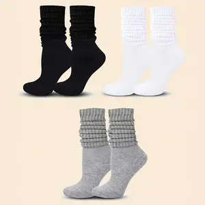 3 Pairs Women’s Slouch Crew Socks, Soft Stretch Scrunch Mid Calf Socks, Solid Color Casual Slouchy Socks for Daily Wear, Dance and Streetwear