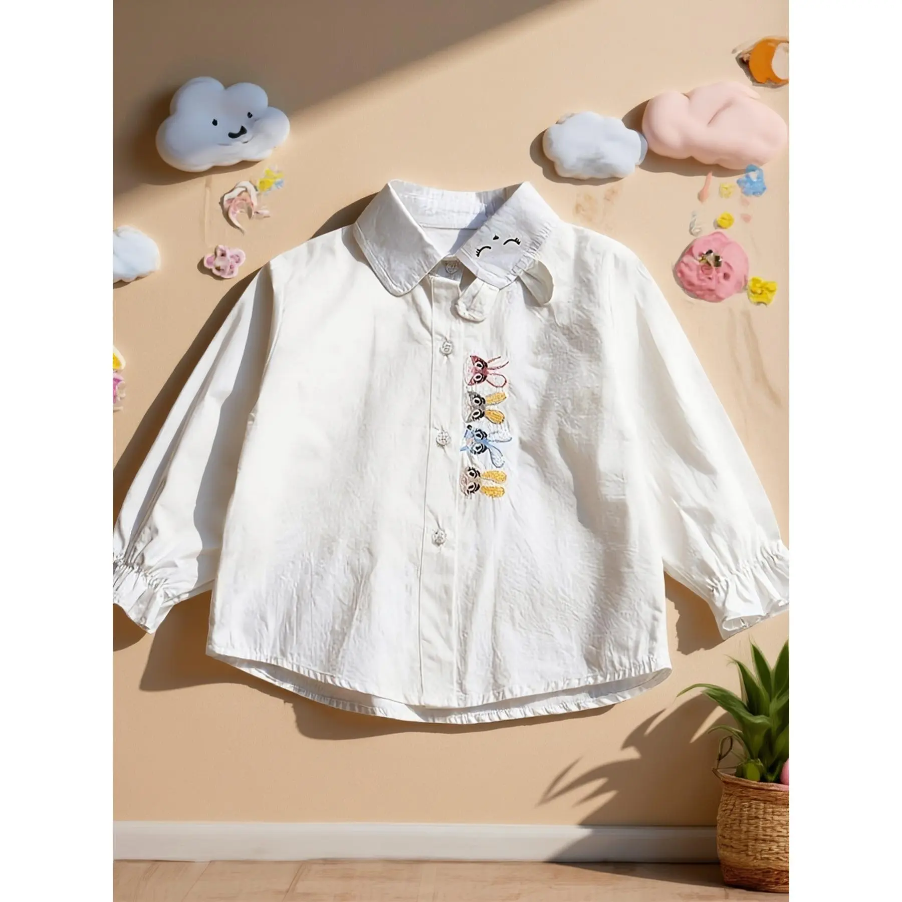 Korean Style Top Girls' Long-Sleeve Rabbit Shirt Lightweight Autumn Outfit White Blouse for Kids Korean Style Casual Top for Spring And Autumn YV5207757